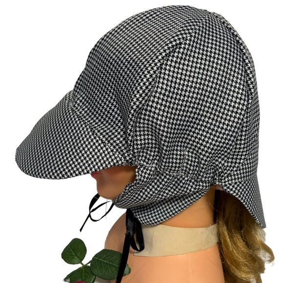 Sun Shade Hat Shades front & back ages 3+ black white gingham black ribbon ties - Picture 2 of 14
